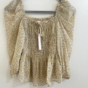 Milkmaid Smocked Womens Floral Top Western Boho Dainty Ruffle Front Tie Size S